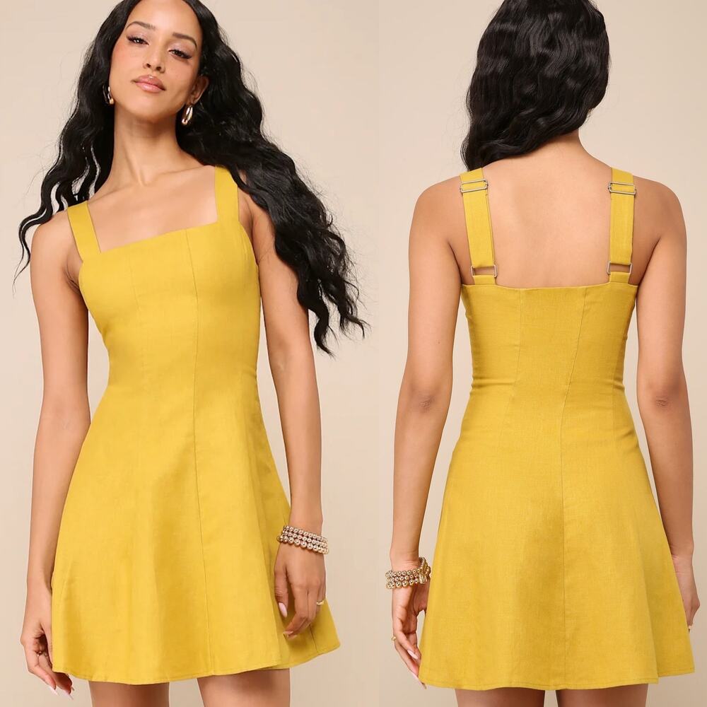 Lulus Undoubtedly Sweet Chartreuse Linen Sleeveless Mini Dress